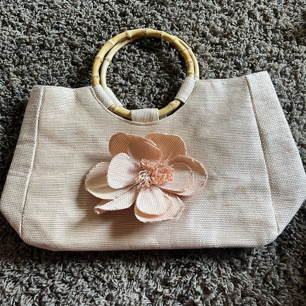 Neiman Marcus Cream Tan Tote with Floral Embossed Design
